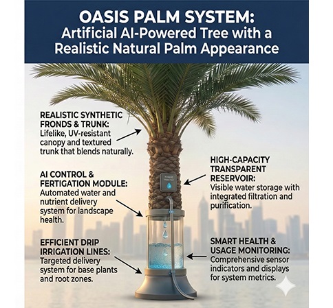 People walking among AI palm trees producing water in a modern city