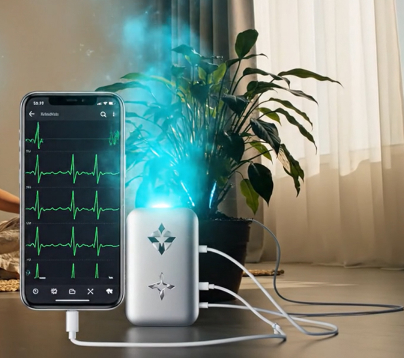 Three meditators connected to the device and plant