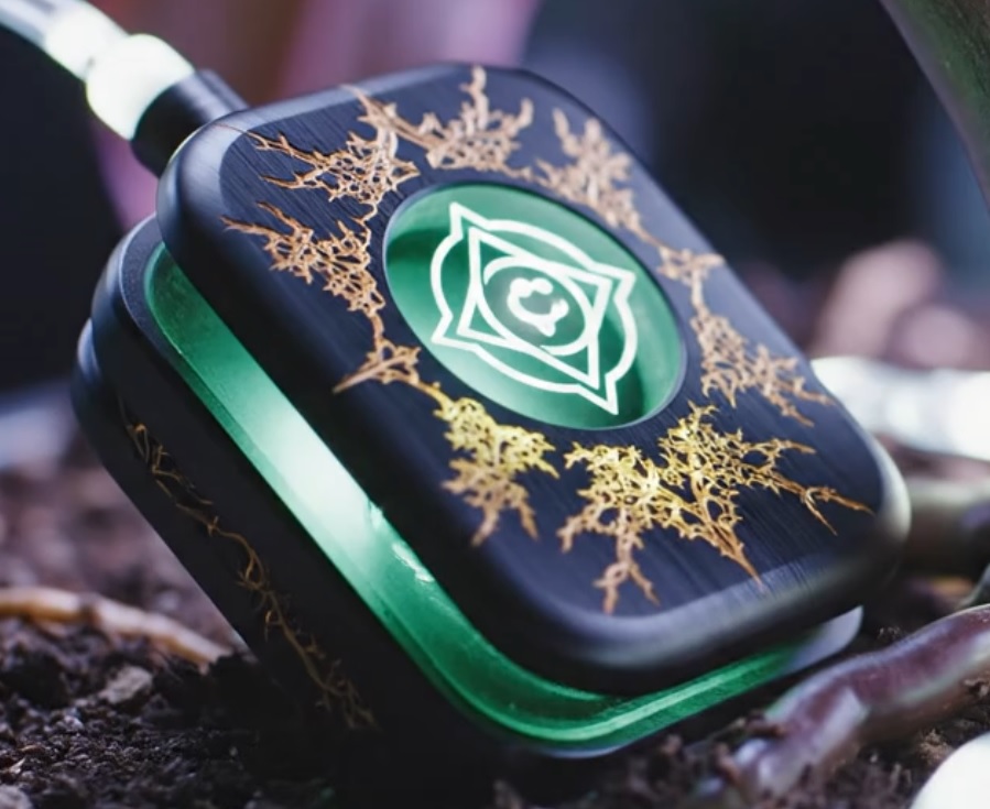 Single meditator with device and bonsai