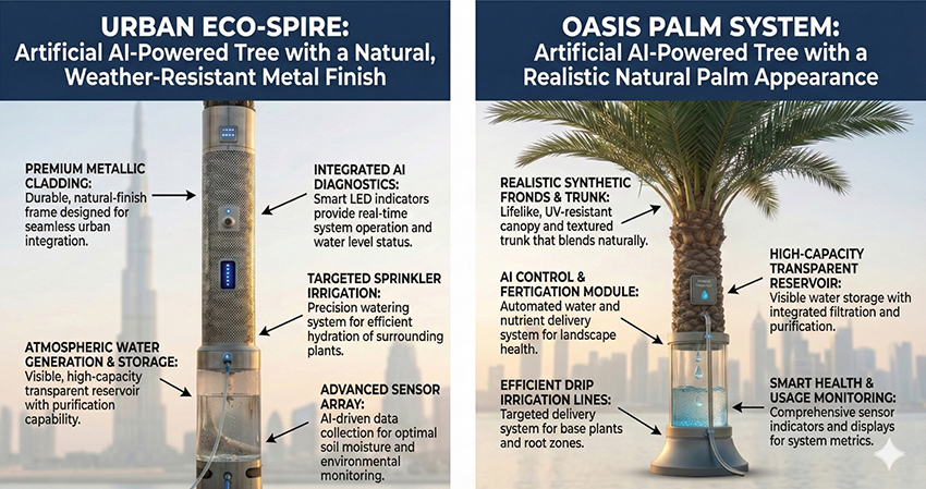 Technical comparison of Urban Eco-Spire and Oasis Palm System artificial trees
