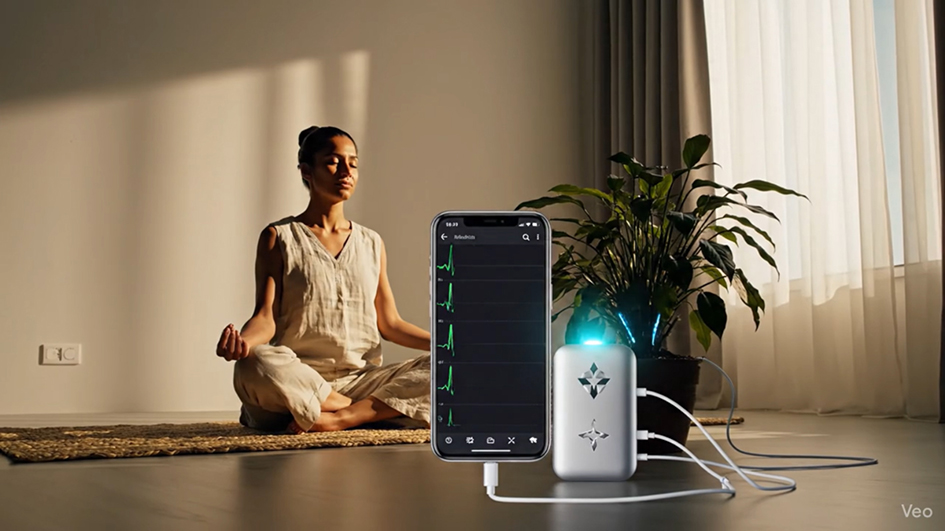Meditating woman connected to a bio-feedback device and a plant